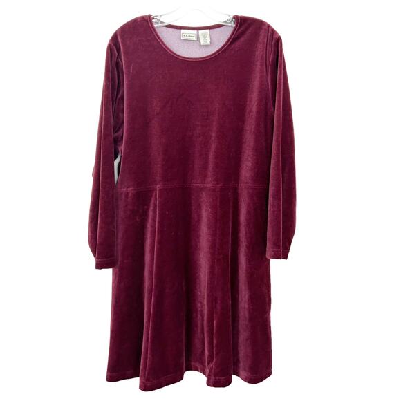 LL Bean Maroon Velvet Long Sleeve Dress Sz L - Picture 1 of 4